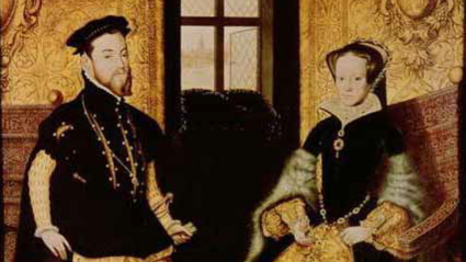 Esta pintura representa al rey Felipe II de España y a su esposa, la reina María Tudor. La obra retrata su presencia regia y la trascendencia política de su matrimonio durante el siglo XVI.