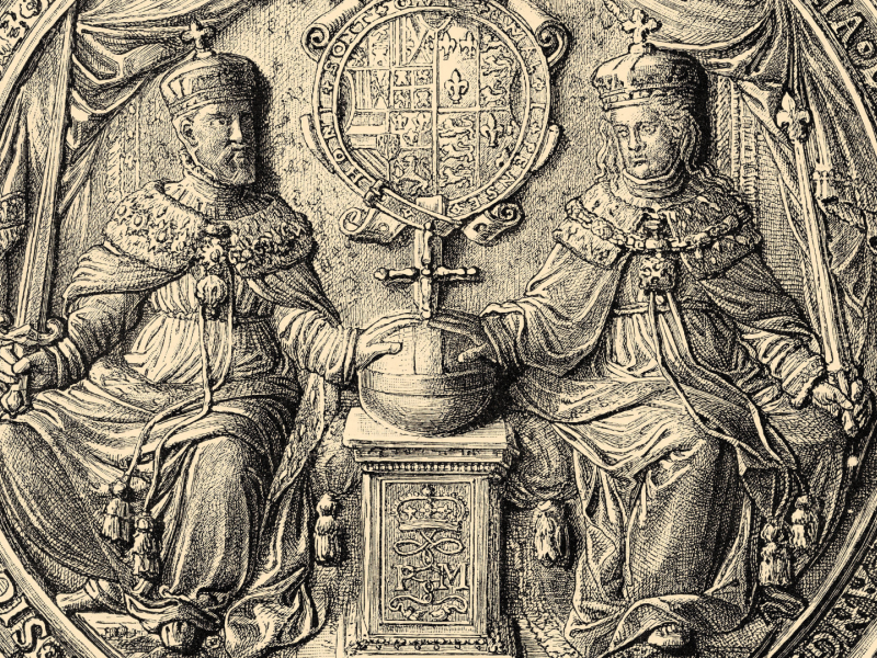 Sello conmemorativo de Felipe II de España y María I de Inglaterra, también conocida como María la Sanguinaria, 1516-1558. Reina de Inglaterra e Irlanda. Historia de Felipe II de España.