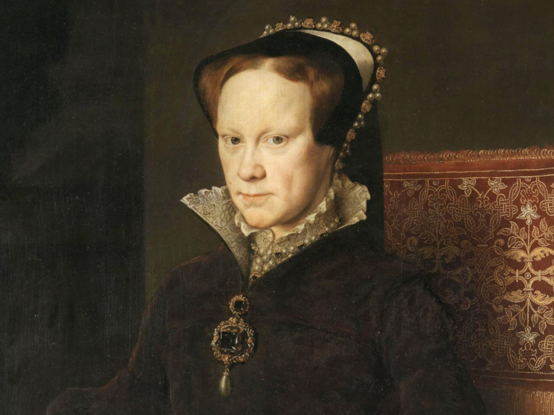 Retrato de la reina María I de Inglaterra (1516-1558), más conocida como María Tudor, que fue hija del rey Enrique VIII de Inglaterra y de la reina Catalina de Aragón y reina consorte de España por su matrimonio con Felipe II, hijo del emperador Carlos I de España. María Tudor, reina de Inglaterra y esposa de Felipe II. 1554. Antonio Mor