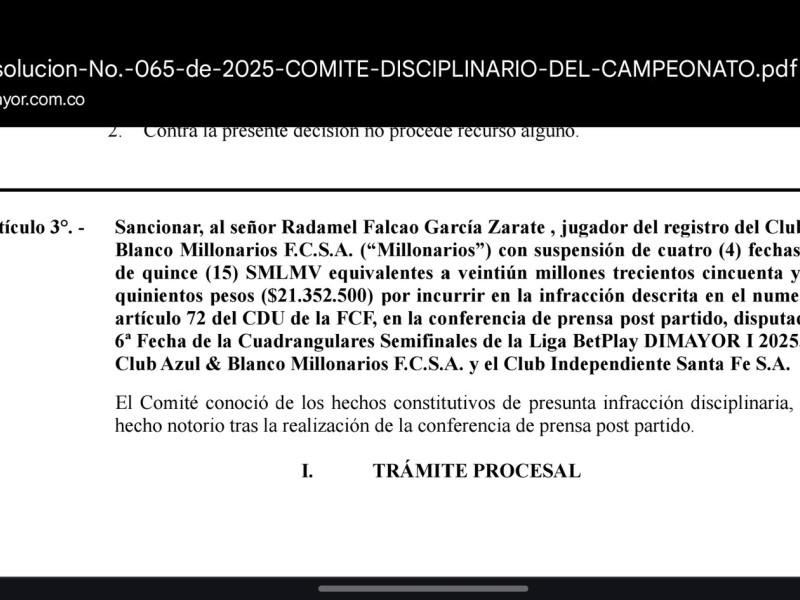 Resolución de la sanción contra Falcao en Colombia