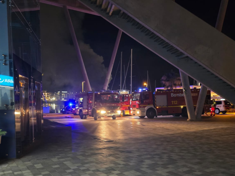 Efectivos de bomberos trabajan en la zona portuaria de Baleària durante las labores de extinción y seguridad tras el incendio