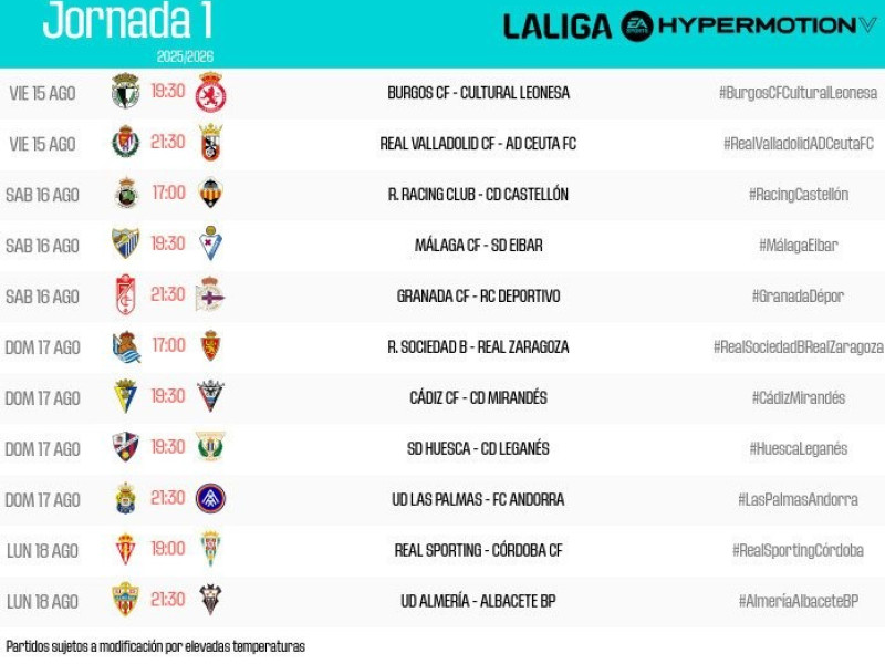 Horarios Primera Jornada Segunda División