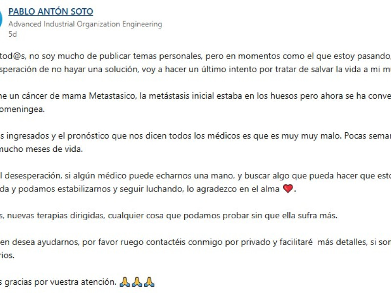 Mensaje de Pablo en la red social LinkedIn