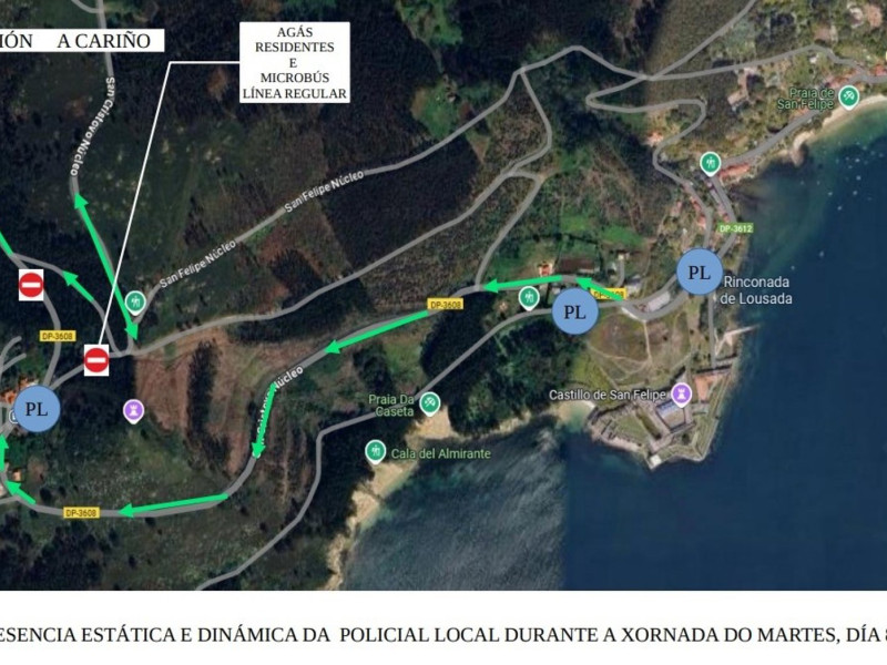 Mapa con el dispositivo oficial de tráfico de este martes en Ferrol