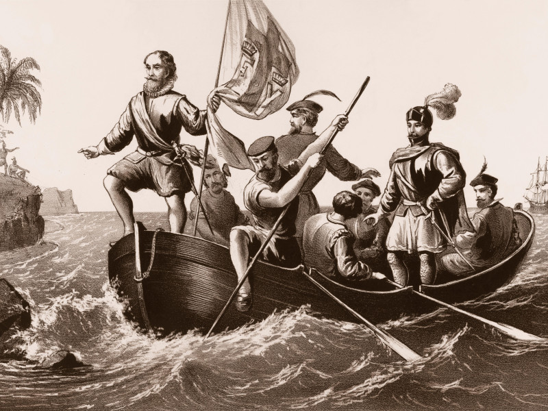 Desembarco de Cristóbal Colón en la isla de San Salvador el 12 de octubre de 1492, posteriormente llamada isla Watling