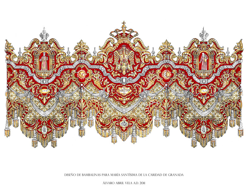 Diseño de la Bambalina del paso de la Caridad en el que se aprecia la inclusión de San Juan de Dios y Fray Leopoldo de Alpandeire