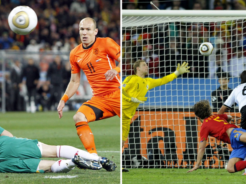 Iker Casillas evitando el gol de Robben y Carles Puyol metiendo gol en las semifinales