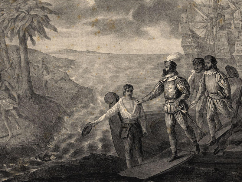 Esta imagen representa el momento del descubrimiento por el navegante portugués Pedro Álvares Cabral en 1500, cuando desembarcó en la costa de Brasil. La pintura retrata la exploración de Cabral y el inicio de la colonización portuguesa en Sudamérica.