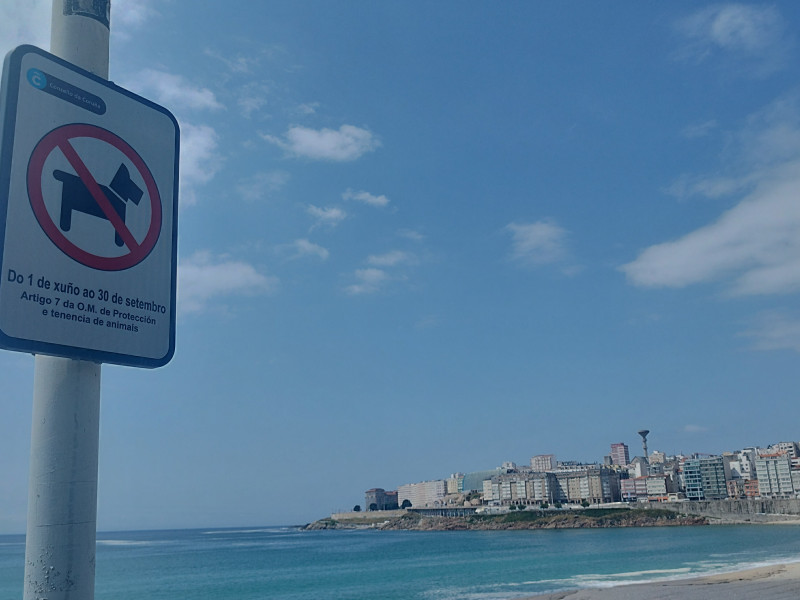 Cartel que regula la presencia de perros en la playa del Orzán de A Coruña
