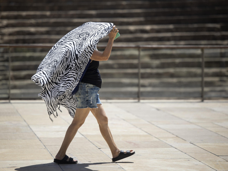 Una persona se cubre del sol mientras camina por el centro de Málaga