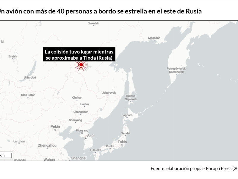 Mapa con localización del suceso. Un avión de pasajeros con más de 40 personas a bordo se ha estrellado este jueves en la región rusa de Amur
