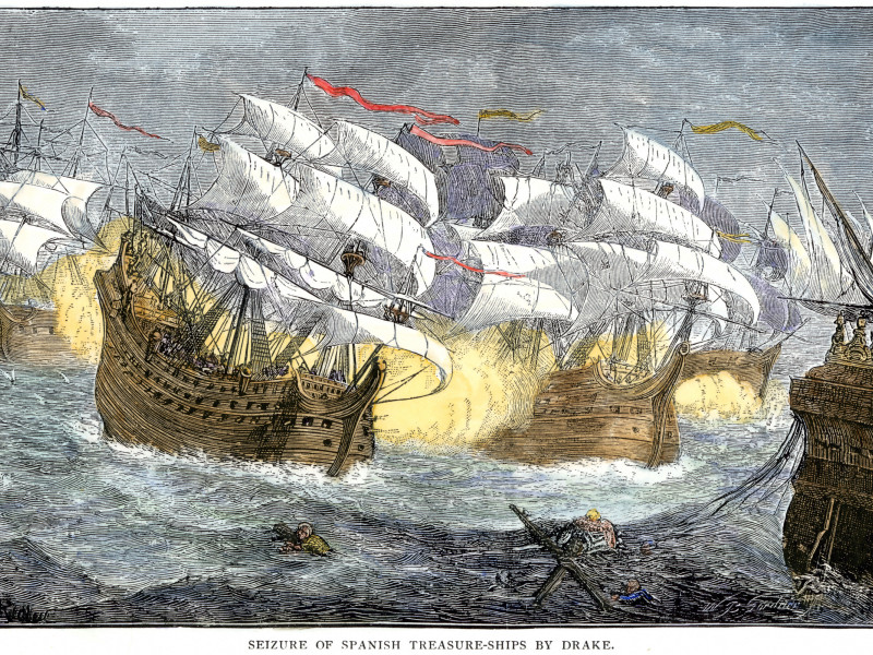 Captura de barcos españoles cargados con tesoros por la flota inglesa de Sir Francis Drake. Xilografía coloreada a mano.