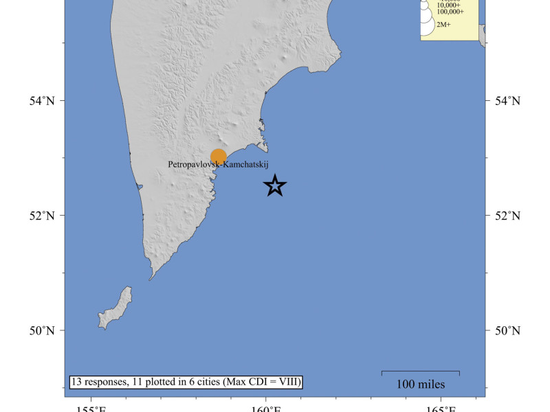 Imagen cedida por el Servicio Geológico de Estados Unidos (USGS) que muestra el punto origen del terremoto de magnitud 8,7 este martes, en la península rusa de Kamchatka