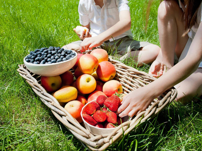 Personas comiendo fruta en el césped.