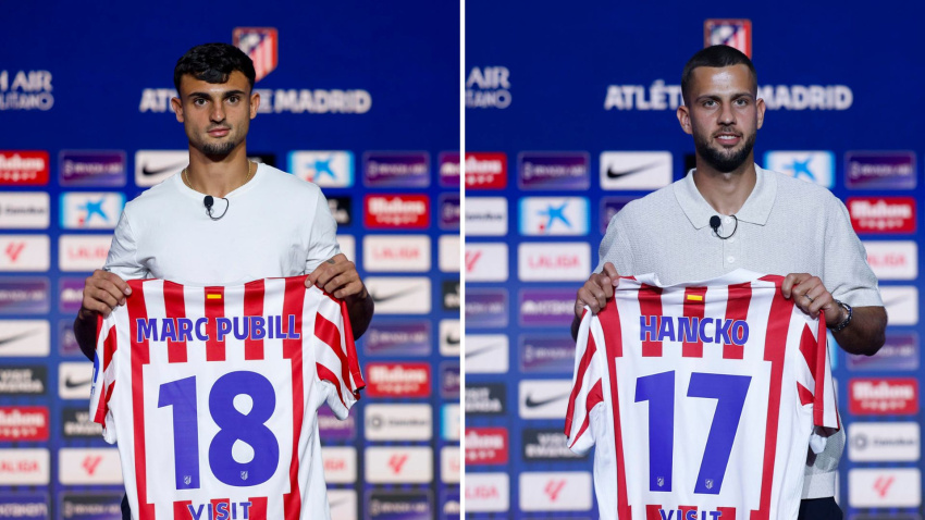 Marc Pubill y Hancko en su presentación con el Atlético