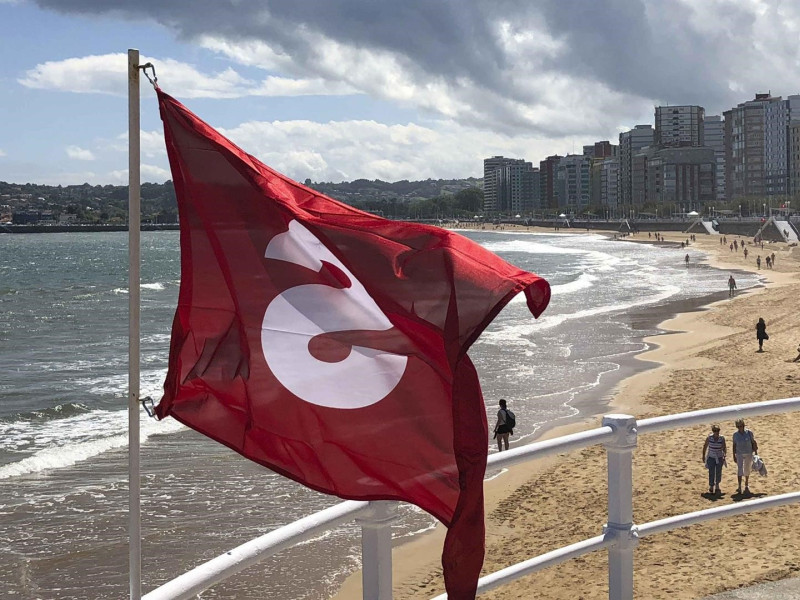 Bandera roja en la playa de San Lorenzo, Gijón