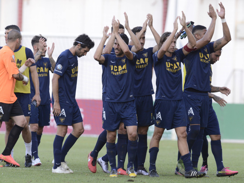 Partido de play off de ascenso Liga BBVA. Partido jugado en la Condomina entre UCAM CF y Real Madrid Castilla.En la foto: Celebracion del UCAM tras la vistoria frente al Real Madrid Castilla(Foto por Jose Breton)