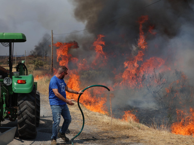Una persona lucha contra las llamas del incendio de A Gudiña (Ourense), este jueves