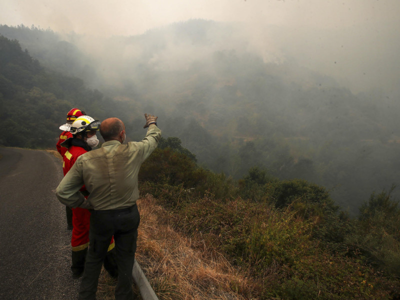 Vecinos de la zona esperan ordenes de La UME para bajar a refrescar la zona e impedir el avance del fuego hacia Santo tirso en la carretera desde Santo Tirso de Cabarcos a Oencia en Ponferrada, León