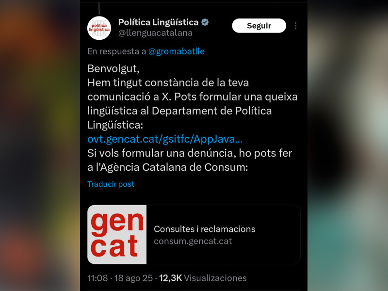 Respuesta del departament de la Generalitat a una publicación en X