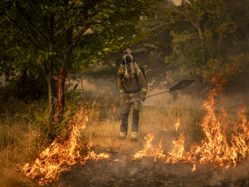Un bombero forestal realiza labores de extinción en el nuevo incendio declarado este miércoles en A Gudiña