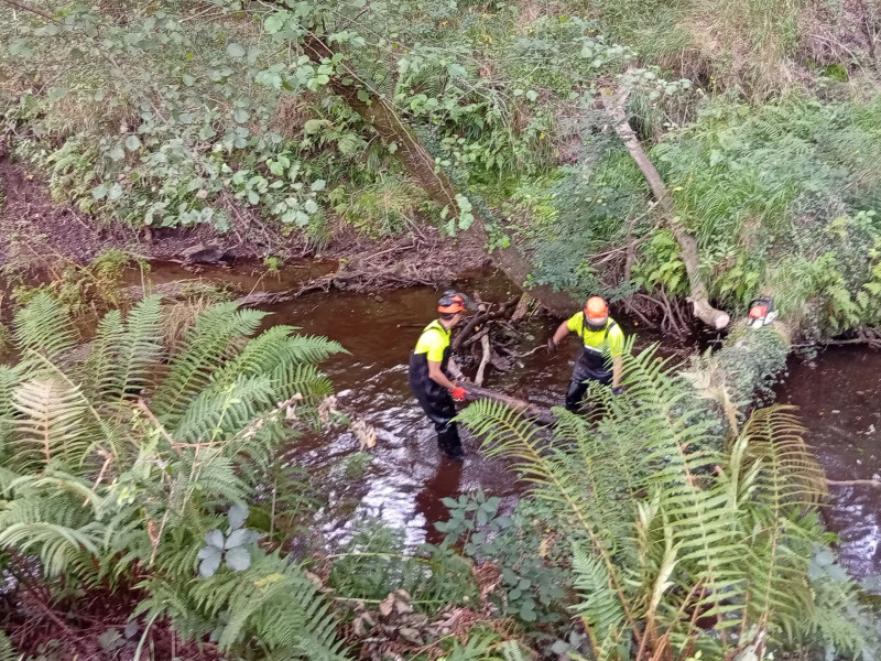 Dos operarios en el río Belelle, en A Capela