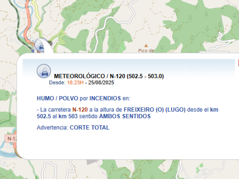 Captura de la web DGT informando del corte de la N-120