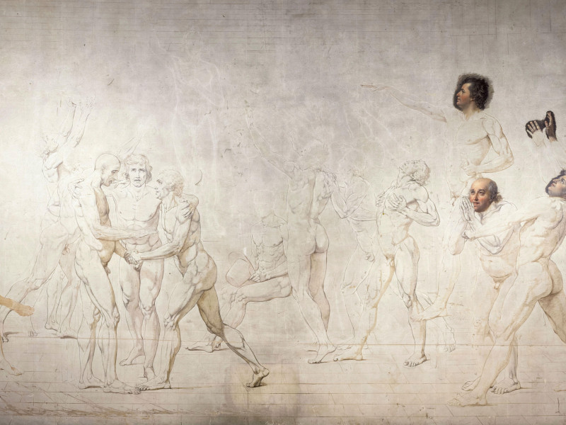 Jacques Louis David, The Jeu de Paume Oath (Le Serment du Jeu de Paume), dibujo con pluma y tinta sobre lápiz con aguada, 1790-1792