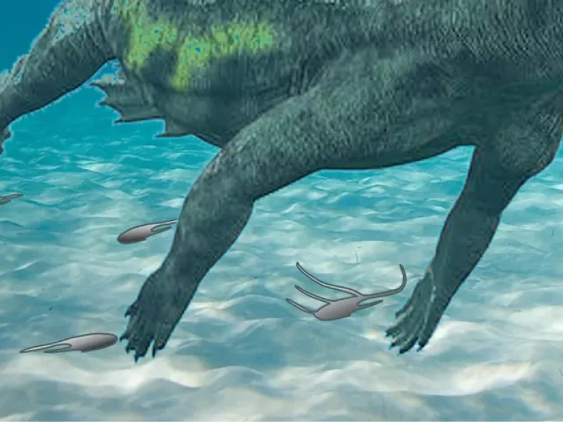 Recreación de un notosaurio propulsándose sobre el fondo marino con sus patas delanteras-Universidad de Alcalá