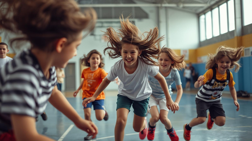Niños practicando deporte en un pabellón polideportivo