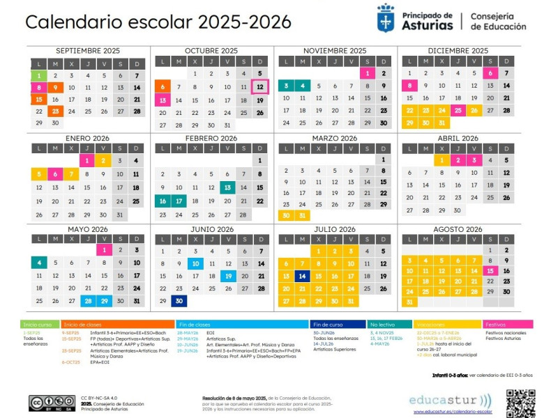 Calendario escolar 2025/2026 en Asturias