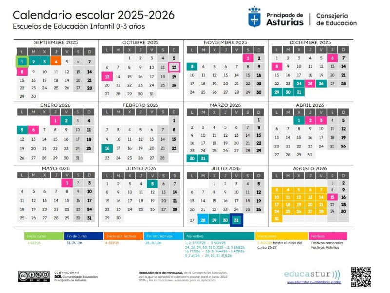 Calendario escolar 2025/2026 en las escuelinas de Asturias