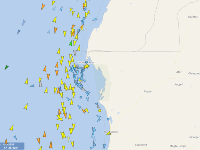 Actividad de buques en la zona del accidente, frente al puerto de Nouadhibou (Mauritania)