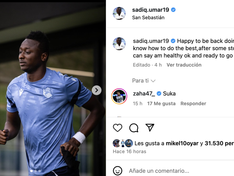 Sadiq expresa su felicidad en Instagram por volver al trabajo colectivo en la Real Sociedad