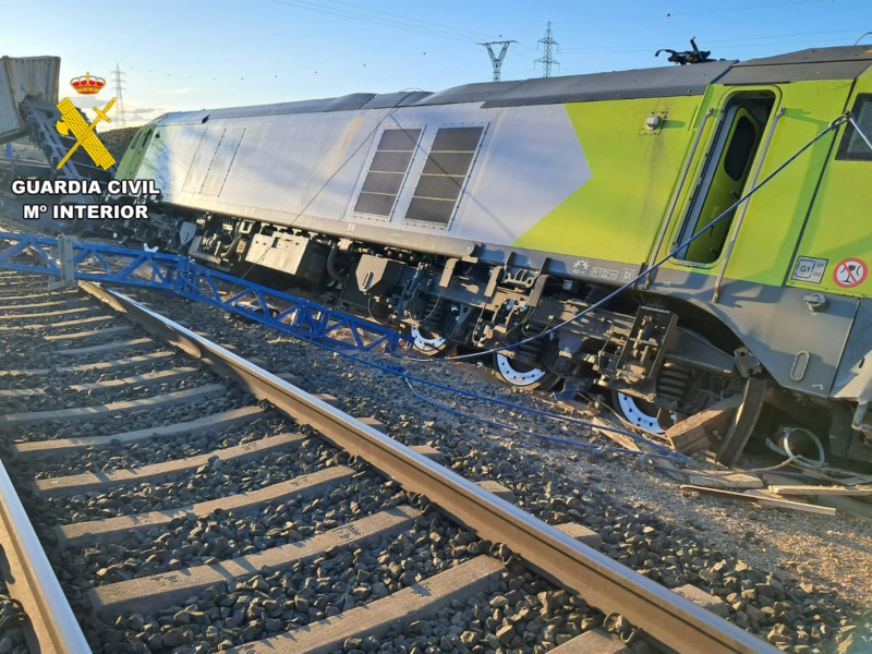 Imagen del tren de mercancías que este lunes descarriló en Zaragoza.