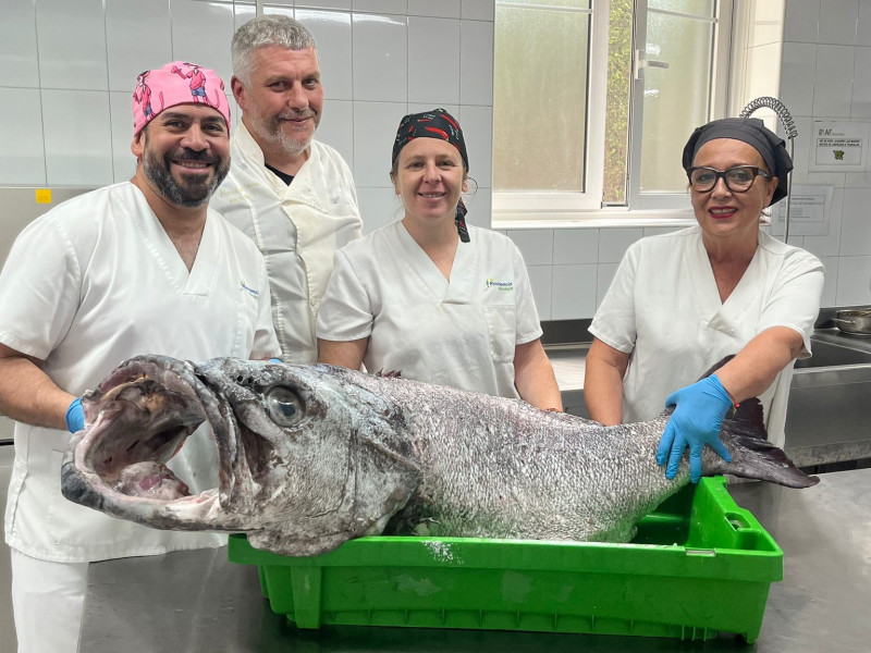 El equipo de cocina de la residencia junto con el mero de 43 kilos que van a cocinar a los residentes