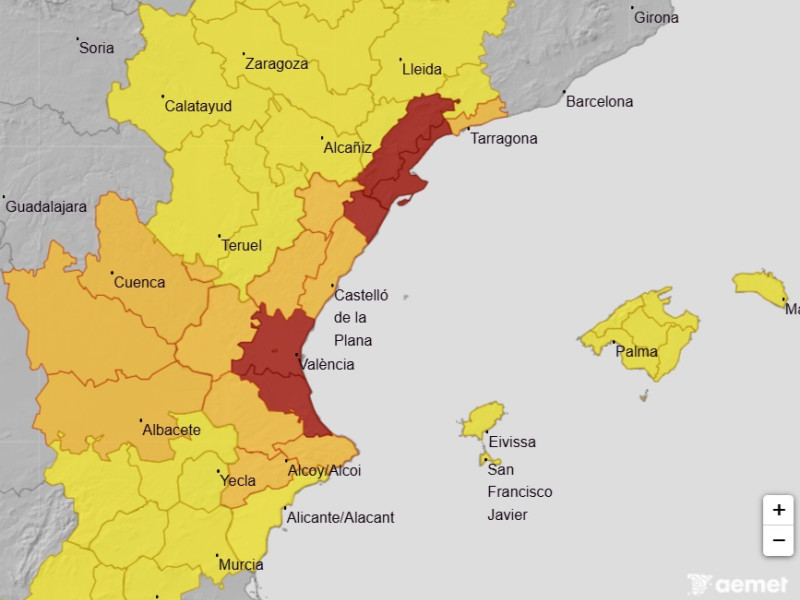 Aemet activa avisos rojos y naranjas para el lunes en la Comunitat Valenciana