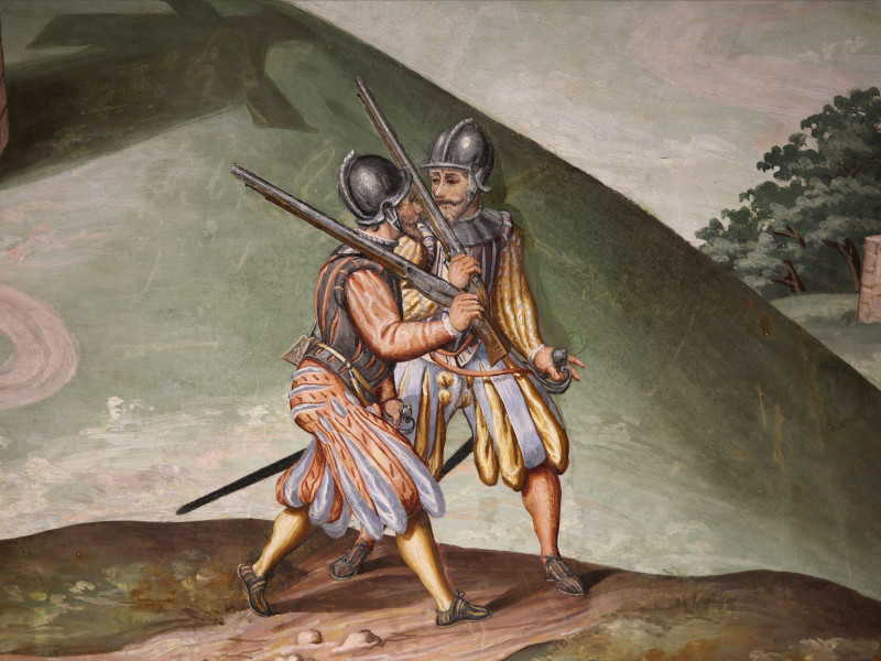 Dos arcabuceros retratados durante la batalla de San Quintín contra Francia