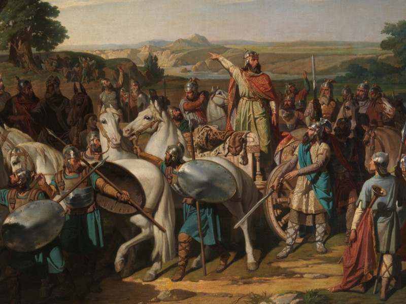 'El rey don Rodrigo arengando a los jefes de su ejército antes de la batalla del Guadalete', Bernardo Blanco y Pérez (1871)