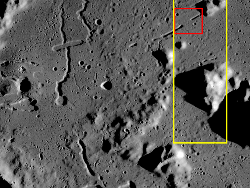Mapa de contexto que sitúa los Montes Pyrenaeus en el borde oriental del Mare Nectaris.