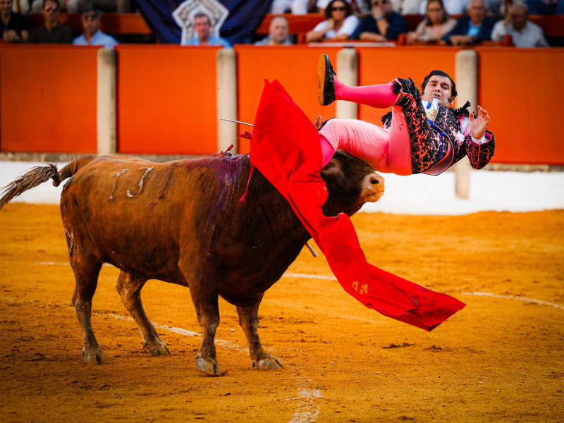 Momento de la voltereta sufrida por Morante en su primer toro