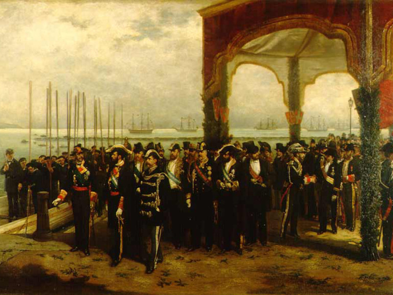 Lienzo que representa a Amadeo embarcando en el puerto de La Spezia para trasladarse a España y tomar posesión del Trono español
