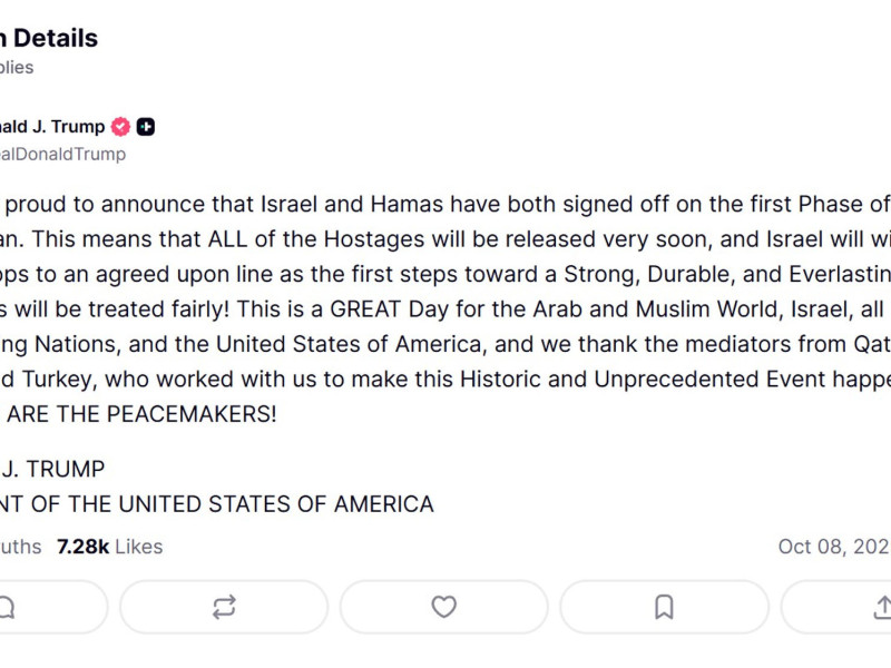 Captura de pantalla de la cuenta oficial de la red social TRUTH @realDonaldTrump del presidente de Estados Unidos, Donald Trump, donde anuncia que Israel y Hamás han acordado firmar la primera fase de un marco de paz que permitirá la rápida liberación de todos los rehenes