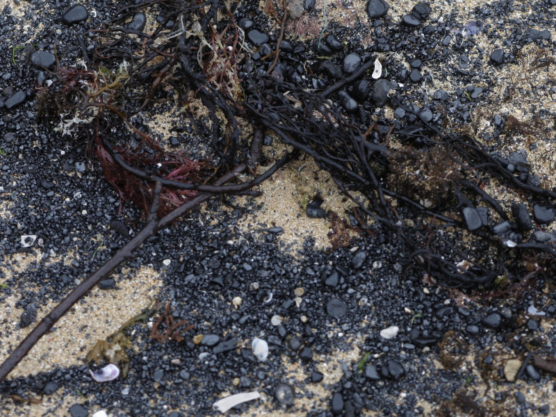 Restos de carbón en la playa de San Lorenzo, en Gijón