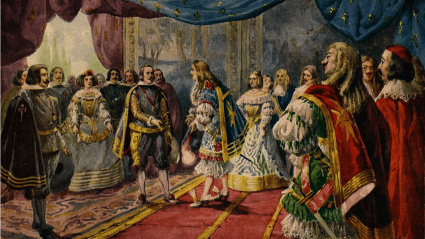 Luis XIV y Felipe IV firman el Tratado de los Pirineos en la isla de los Faisanes, pintado por F. Blanch