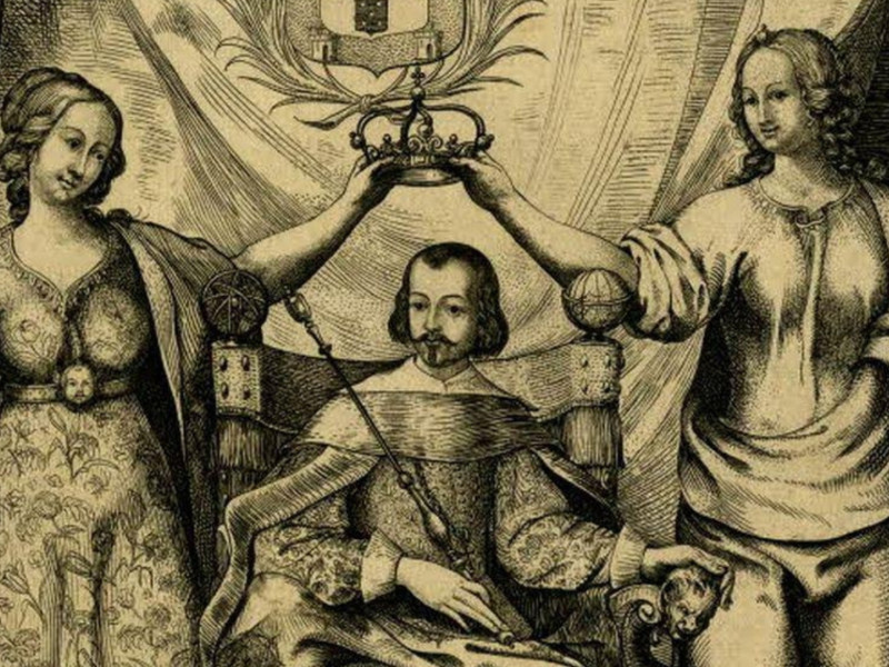 Grabado del rey Juan IV de Portugal siendo coronado por la Paz y la Justicia