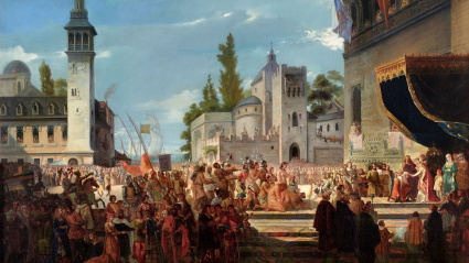 "Colón recibido por los Reyes Católicos en Barcelona a la vuelta de su primer viaje", Francisco García Ibáñez (1858)