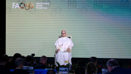 ROMA (Italy), 16/10/2025.- Pope Leo XIV speaks during World Food Day, marking the 80th anniversary of the Food and Agriculture Organization of the United Nations (FAO), at FAO headquarters in Rome, Italy, 16 October 2025. World Food Day is observed annually on 16 October, with this year's theme 'Hand in Hand for Better Foods and a Better Future.' (Papa, Italia, Roma) EFE/EPA/ALESSANDRO DI MEO