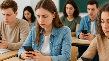 Jóvenes mirando el móvil en clase