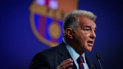 Joan Laporta, durante el discurso ante la Asamblea de socios del Barça de este domingo.